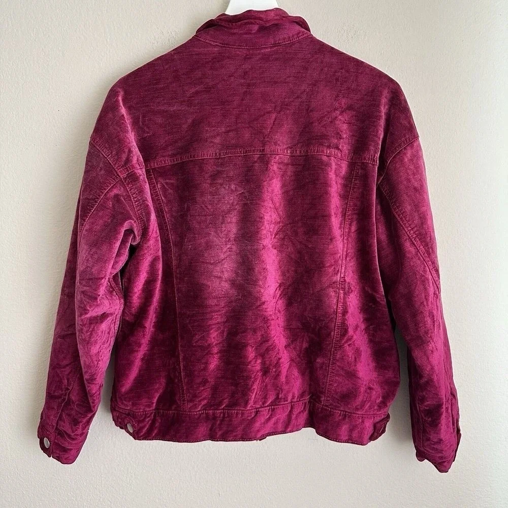 Free People Trucker Jacket Women XS/S Magenta Velvet Corduroy Snap Front Boho - Picture 2 of 15
